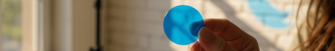 Halbtransparente blaue LED-Filterfolie in der Hand – präziser Farbfilter für Lichttechnik und Fotografie von Folien-Fischer in Berlin, Hannover, Leipzig, Duisburg und Karlsruhe