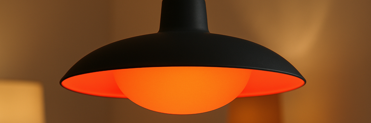 Orangefarbene Pendelleuchte mit warmem Licht – Farbfilter von Folien-Fischer in Halle, Regensburg, Flensburg, Wuppertal und Ulm.